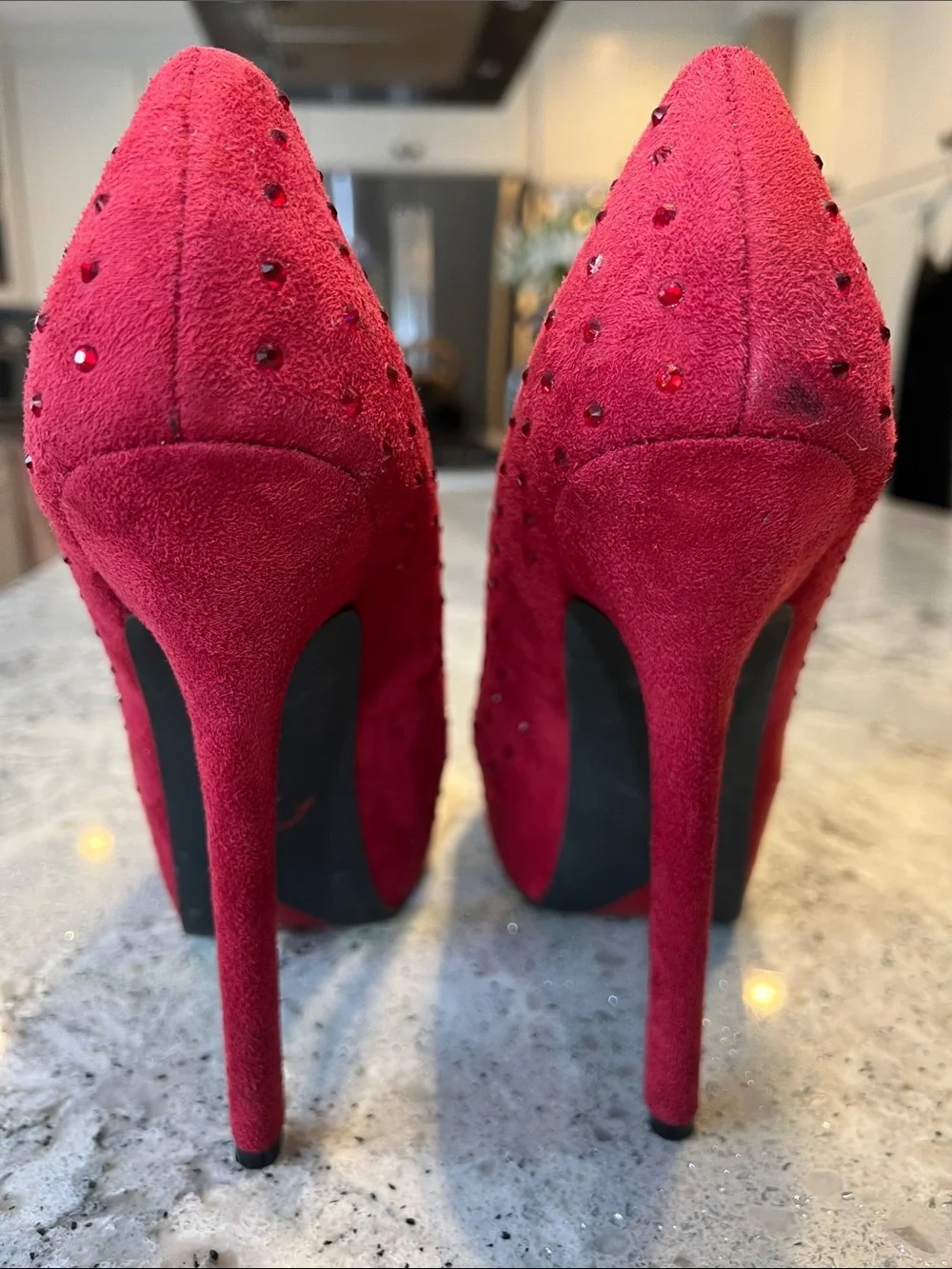 Luichiny Red Suede Rhinestone Studded Platform Stiletto Pumps EUC Size 9